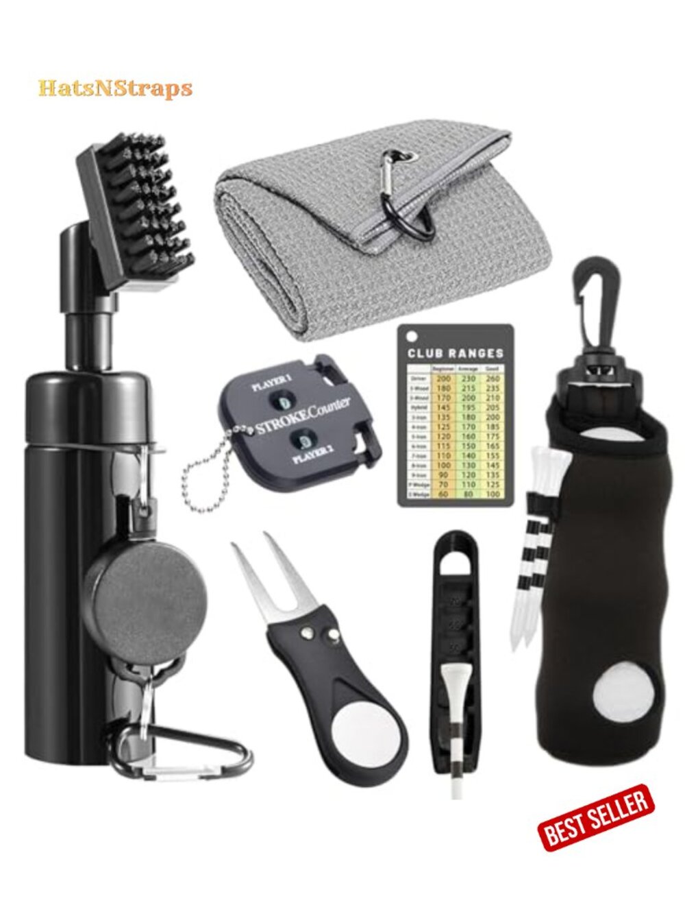 7pc Golf Accessories Kit Club Cleaner Brush Towel Ball Bag Divot Tool